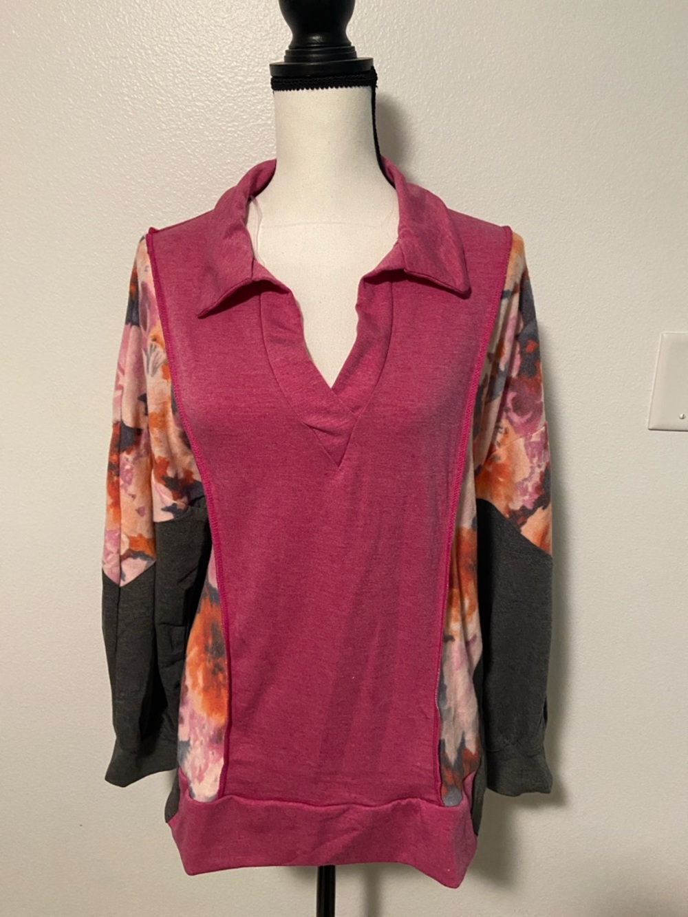 Magenta V-Neck Pullover with Floral Print Sleeves